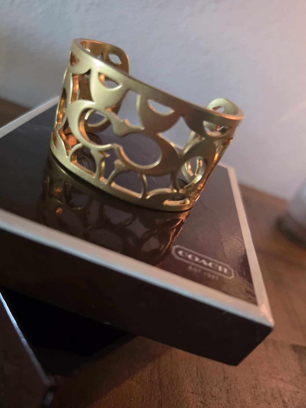 Authentic Coach Gold Signature Cut-Out C Cuff Bangle w/ Box & Dust Bag